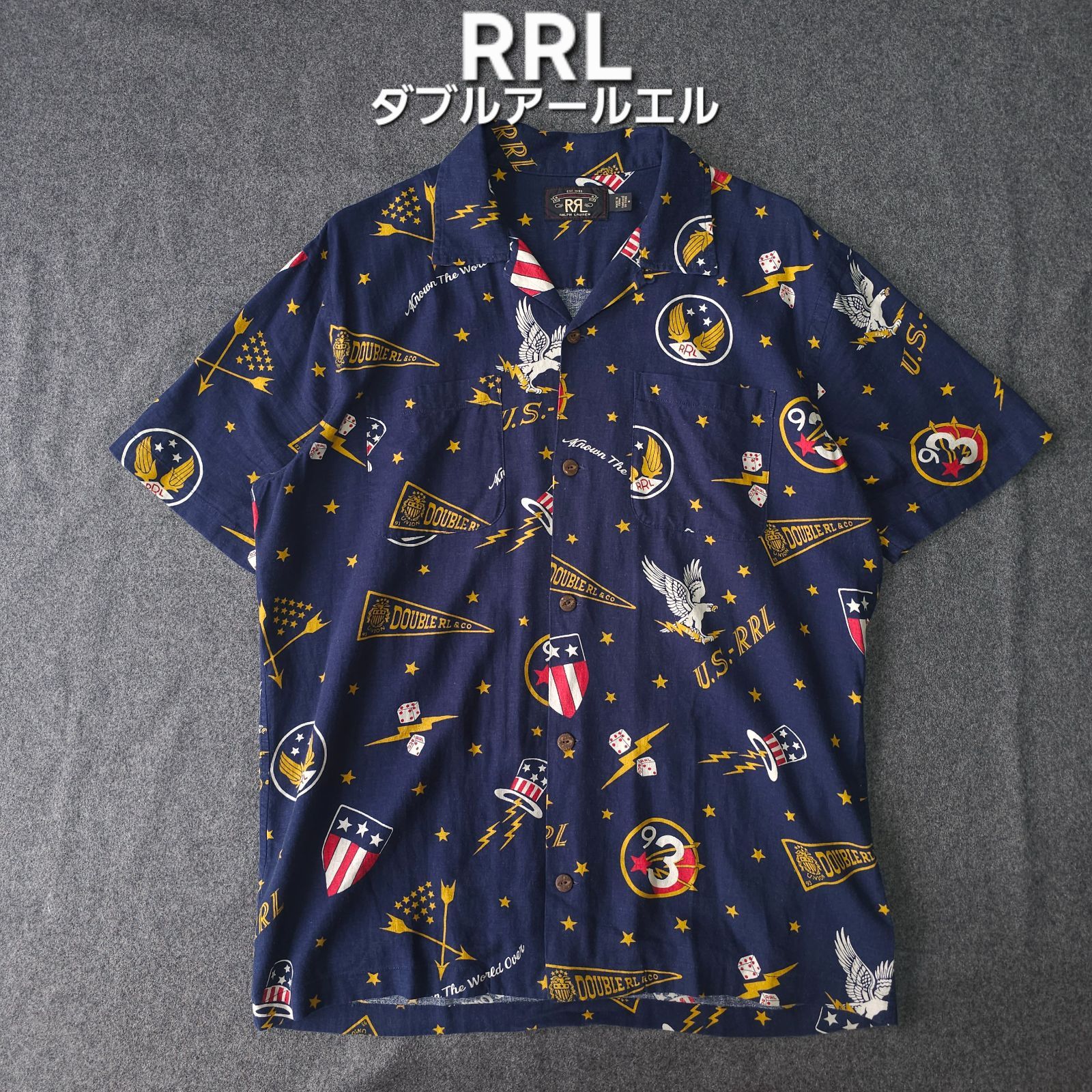 【?値下げ交渉受付中】美品 RRL DOUBLE RL ダブルアールエル ロゴ 麻 リネン 総柄 開襟 半袖アロハ シャツ ネイビー M表記 L相当 ポロラルフローレン (LOGO PRINT LINEN BLEND CAMP SHIRTS)