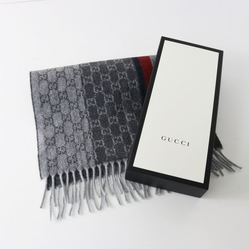 美品 箱付き グッチ GUCCI ウェビングライン GGパターン カシミヤウール マフラー グレー 35×165cm┃イタリア製【2400014930443】