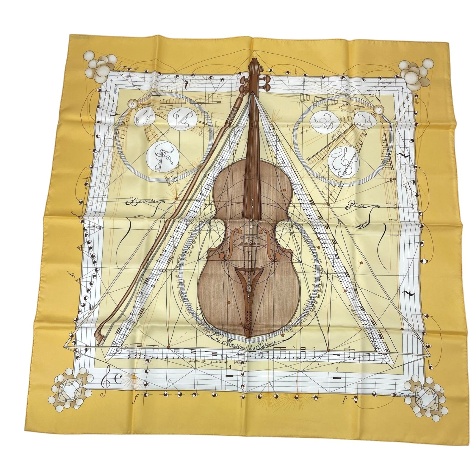 極美品 HERMES エルメス スカーフ シルク カレ90 球体が奏でる音楽 La Musique des Spheres イエロー