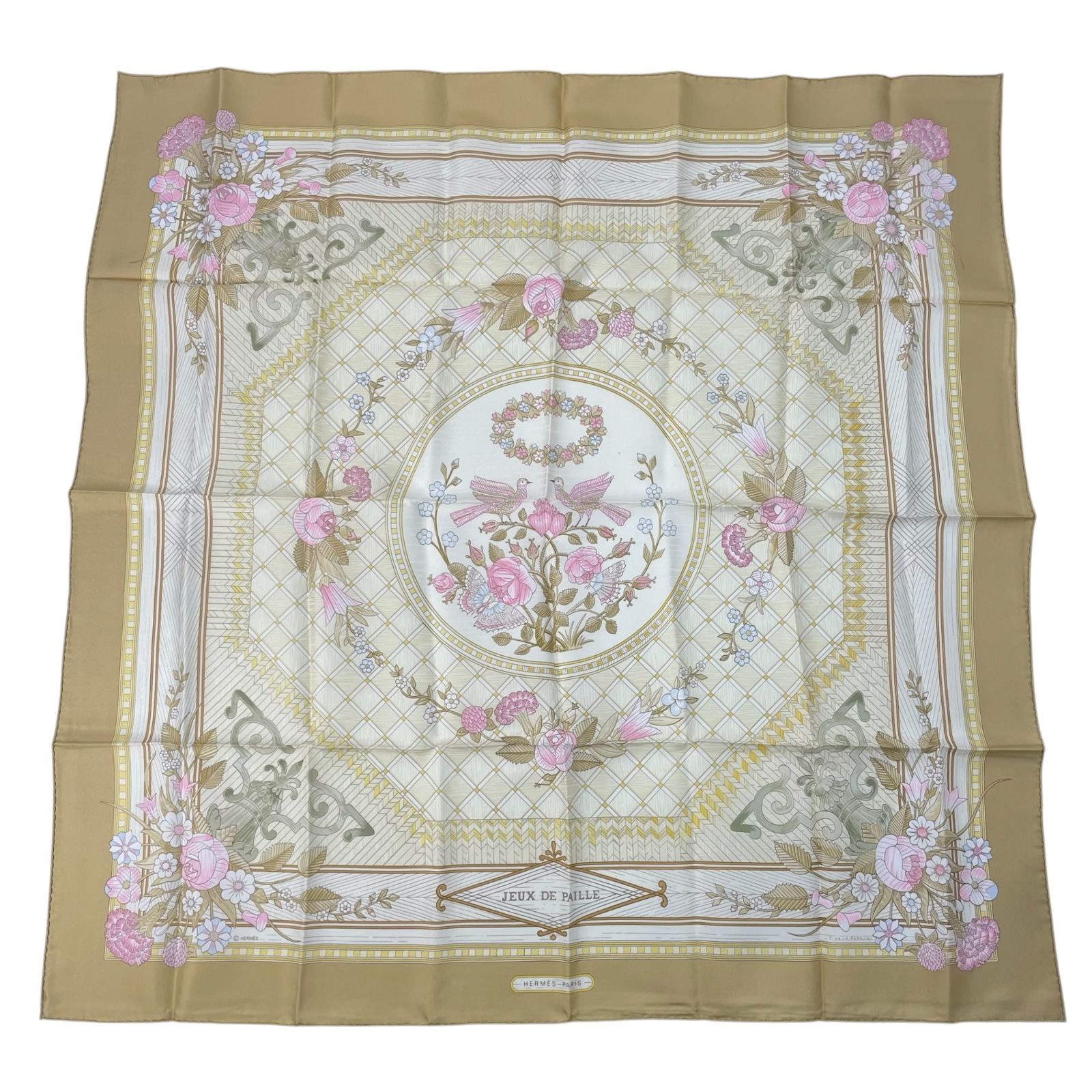 新品同様 HERMES エルメス 大判 スカーフ シルク カレ90 JEUX DE PAILLE 藁遊び ベージュ