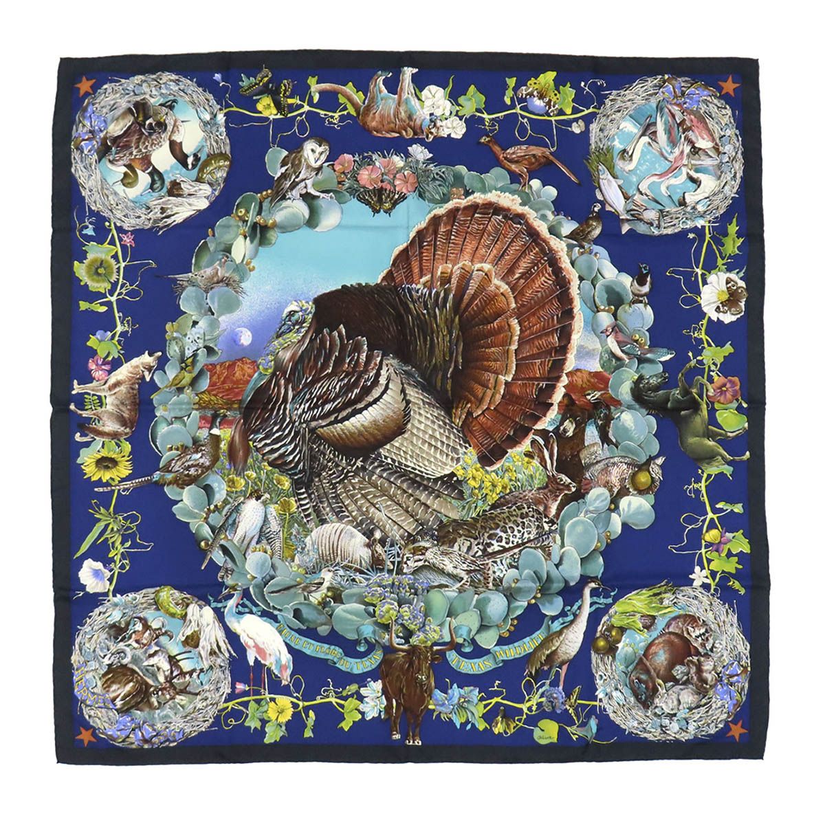 エルメス カレ 90 FAUNE ET FLORE DU TEXAS スカーフ テキサス動植物図鑑 ユニセックス ネイビー ブルー HERMES【中古】 【アパレル・小物】