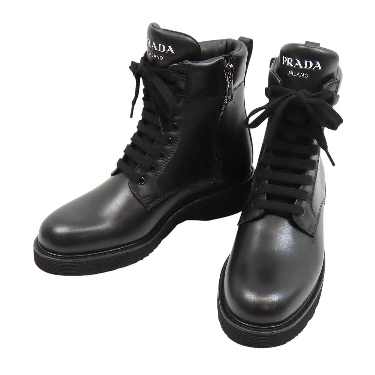プラダ ロゴ レザー ショートブーツ レディース ブラック PRADA【中古】 【アパレル・小物】