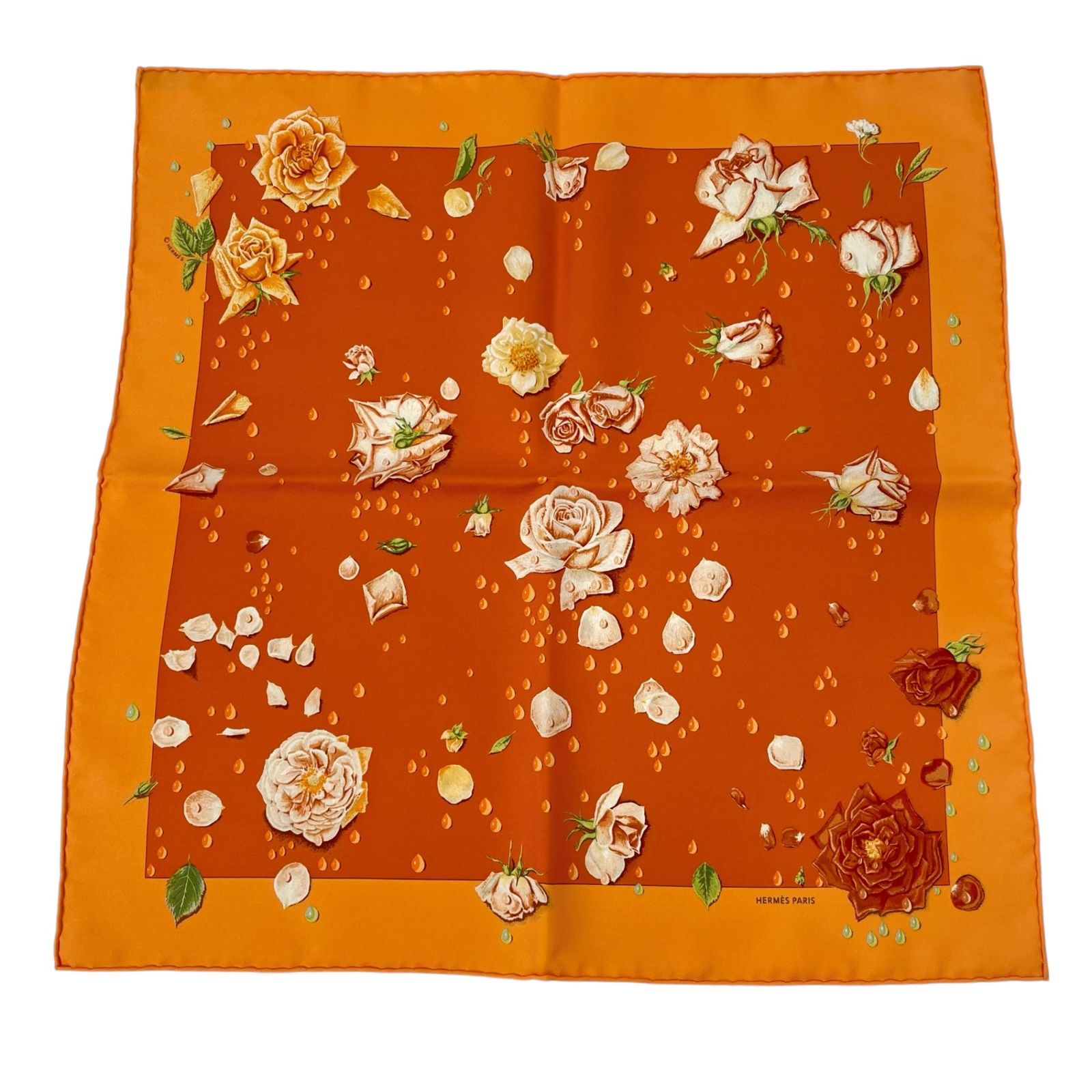 新品同様 HERMES エルメス スカーフ シルク LA ROSEE Anne Gavarni 薔薇の雫 オレンジ 箱付き