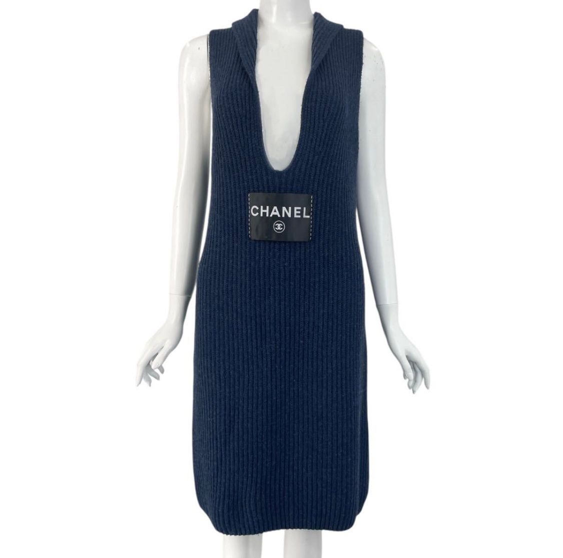 レア 希少 極美品 CHANEL シャネル 2008年 ロゴ カシミヤ ノースリーブ ワンピース サイズ40 ネイビー