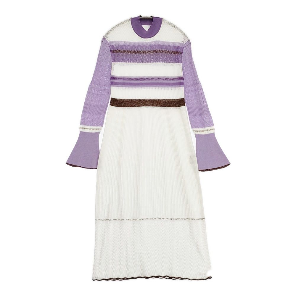 Mame Kurogouchi Nostalgic Pattern Knit Dress 定価37000円 シルク混 日本製 サイズ2 ワンピース ホワイト パープル レディース マメクロゴウチ【中古】6-0525M△