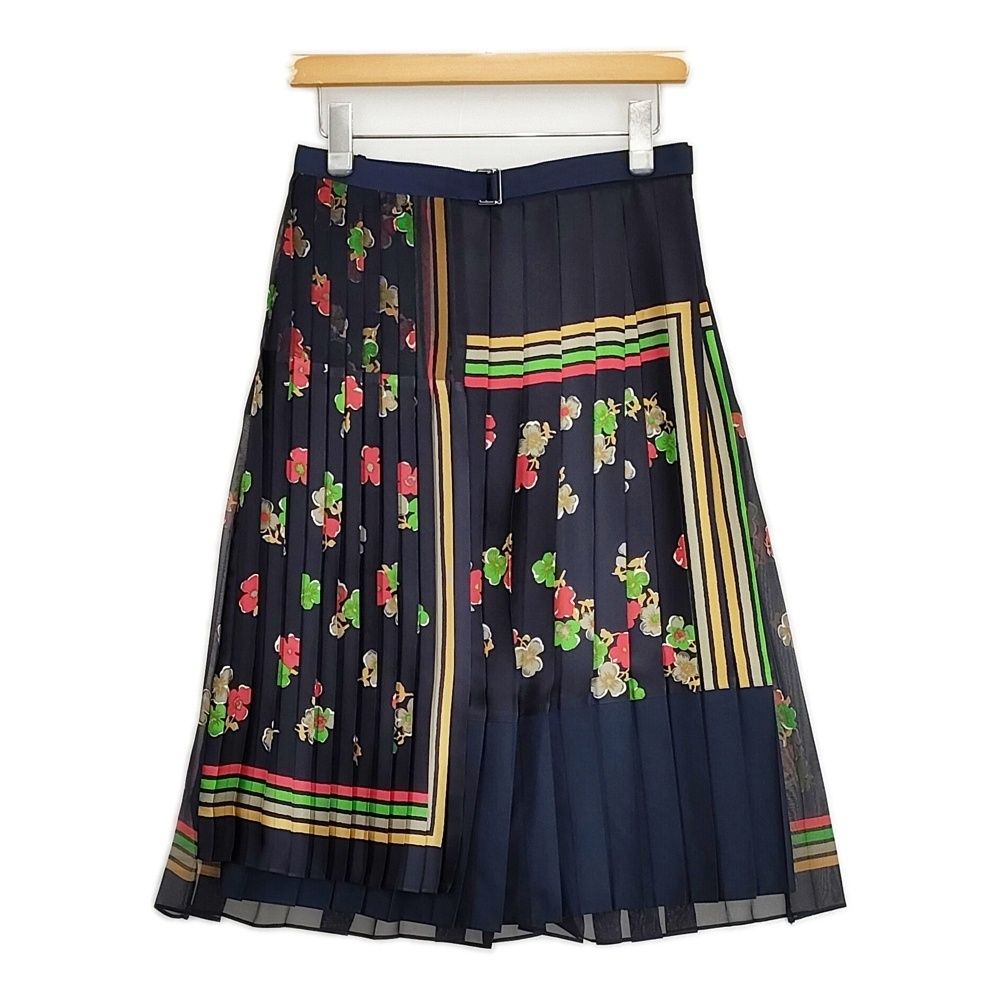 Sacai フラワープリント プリーツ 花柄 定価51000円 巻きスカート 日本製 サイズ2 ロングスカート ネイビー 多色 レディース サカイ【中古】6-0525G△