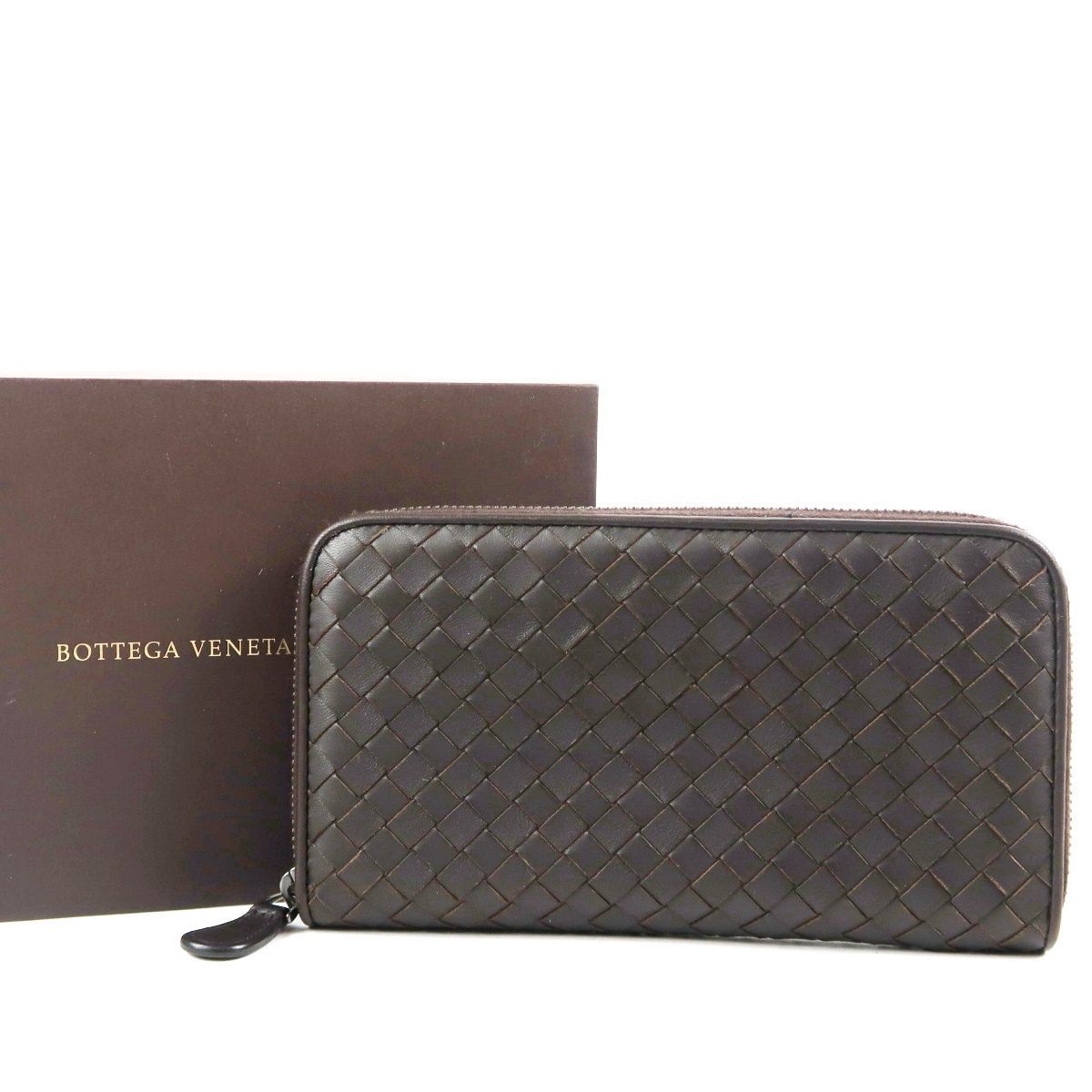 【新品同様・未使用】BOTTEGAVENETA ボッテガヴェネタ イントレチャート ラウンドファスナー 長財布 ブラウン【FX97】