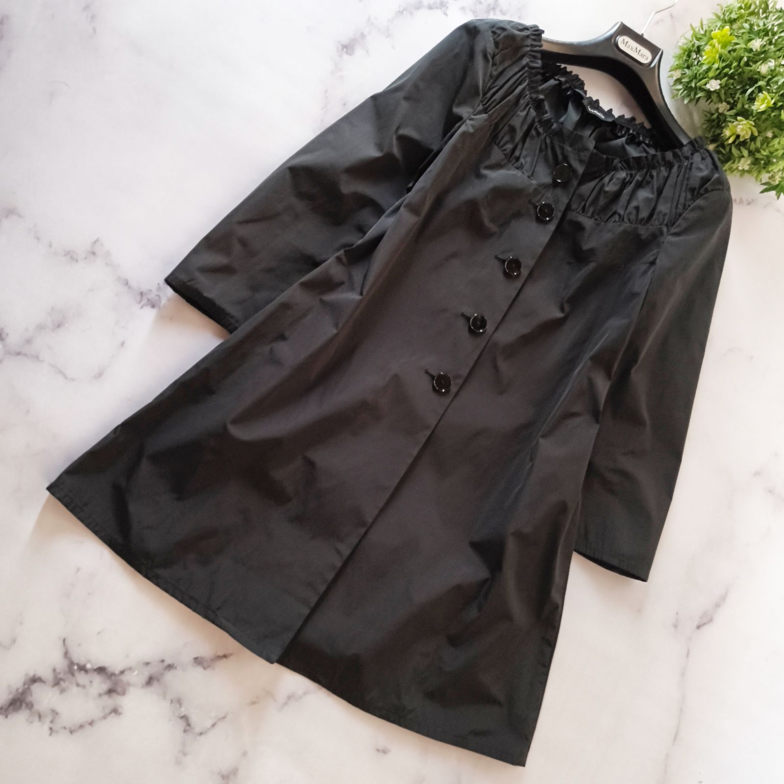 MAX&CO. ノーカラーコート ギャザー ロング シャーリング 黒 38 春秋