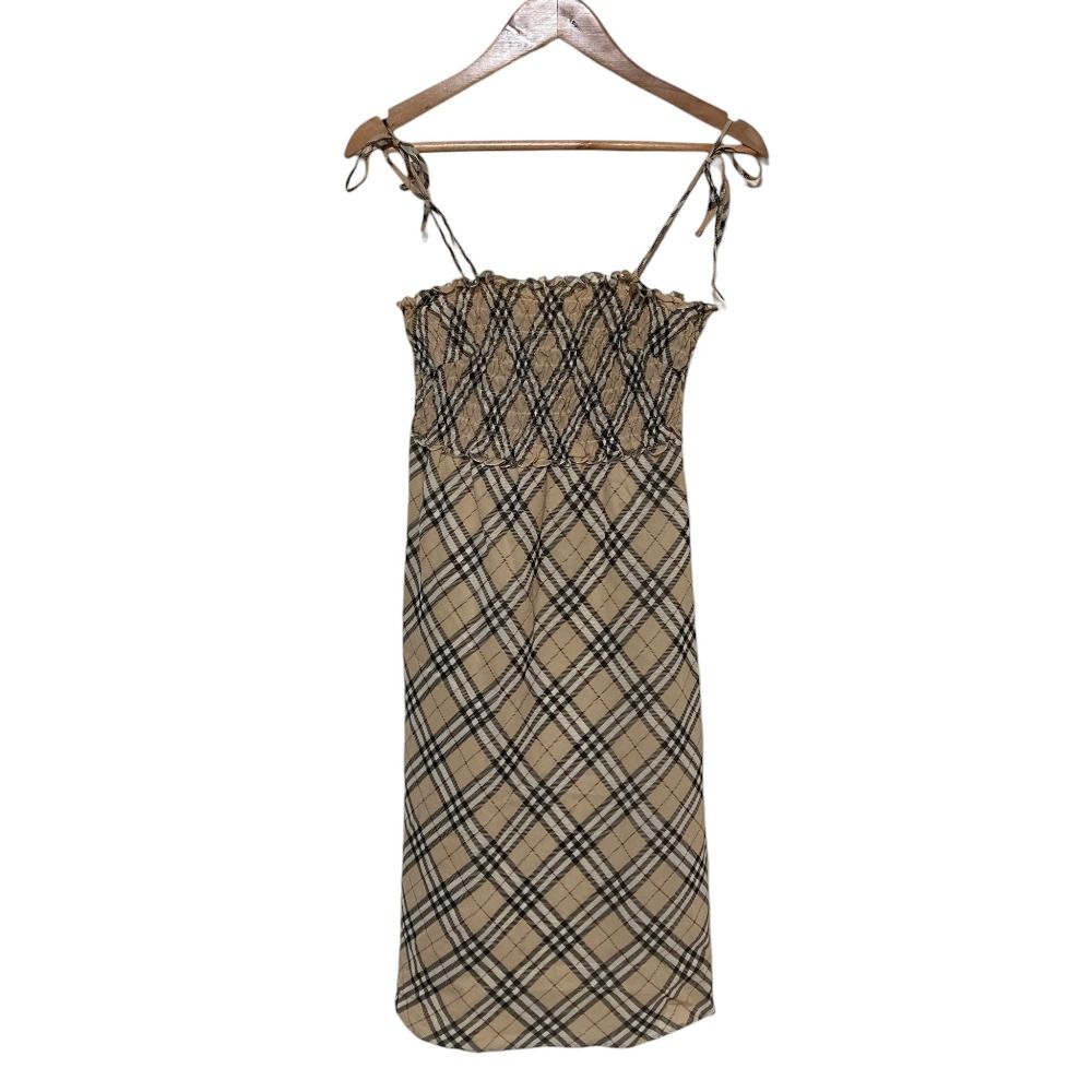 美品 BURBERRY BLUE LABEL バーバリーブルーレーベル ノバチェック ギャザー フレアワンピース 36 ベージュ レディース 古着 中古 USED