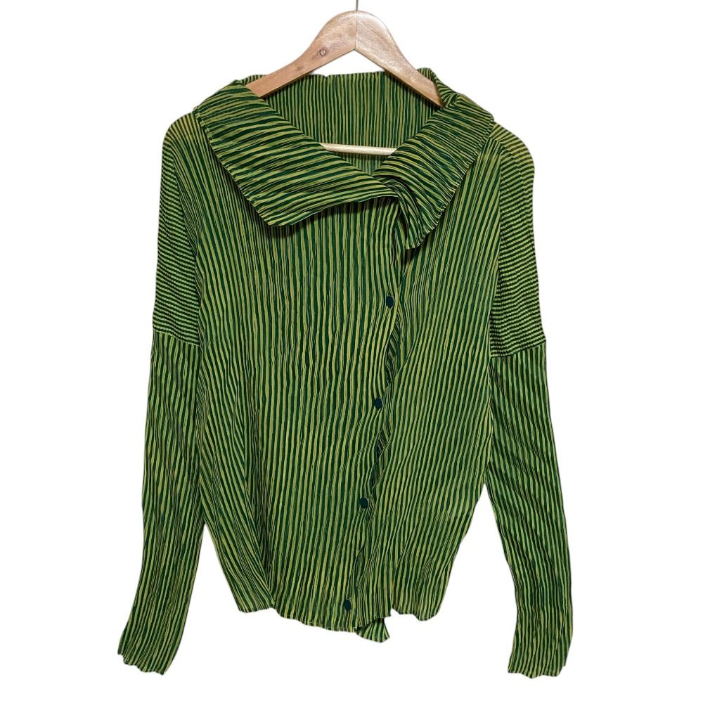 美品 ISSEY MIYAKE イッセイミヤケ ストライプ プリーツシャツ ブラウス IM61FJ123 サイズ2 イエロー グリーン レディース 古着 中古 USED