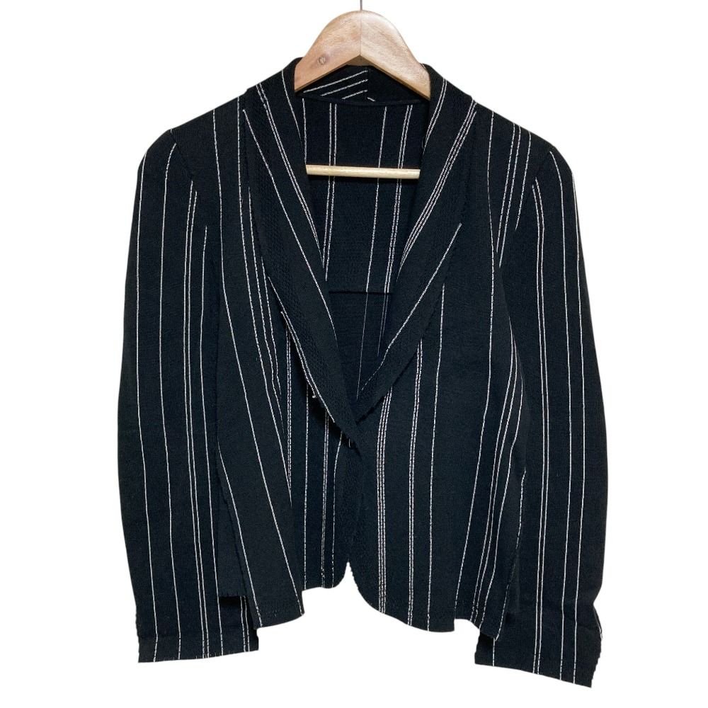 美品 ISSEY MIYAKE イッセイミヤケ ストライプ ストレッチ ショールカラージャケット IM01KD080 サイズ2 ブラック レディース 古着 中古 USED