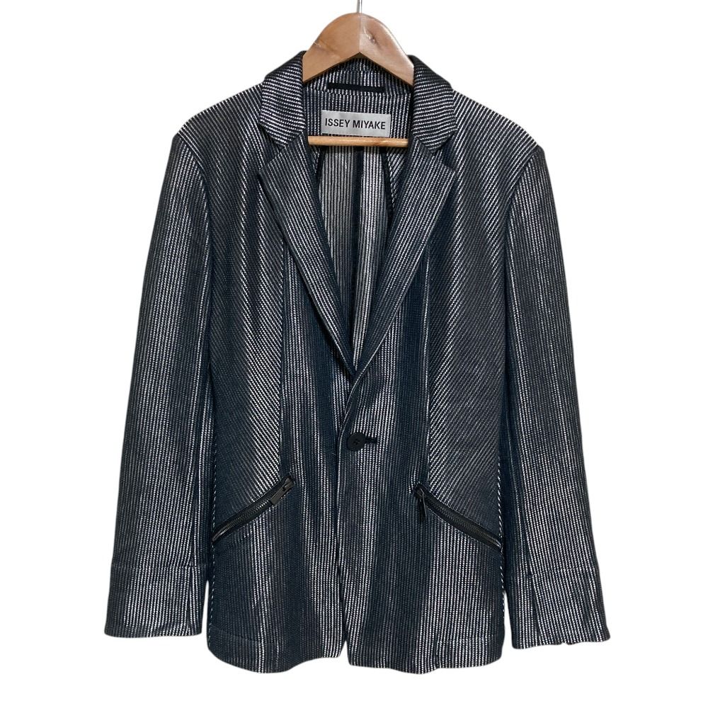 美品 ISSEY MIYAKE イッセイミヤケ ストライプ シアーテーラードジャケット IM41FD502 サイズ2 シルバー ネイビー レディース 古着 中古 USED