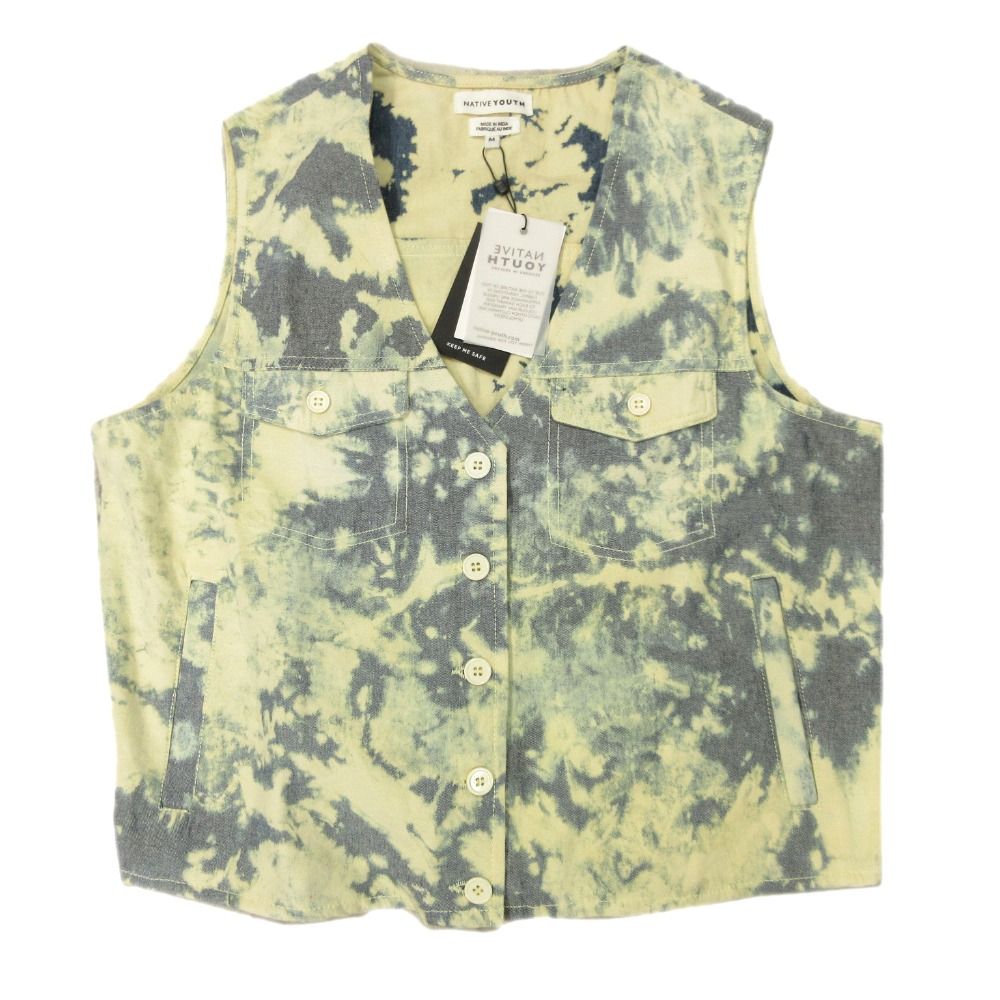 未使用 NATIVE YOUTH ネイティブユース ブリーチ加工 ベスト ジレ ベスト ノースリーブ カットソー M 青 ブルー ベージュ メンズ 古着 中古 USED