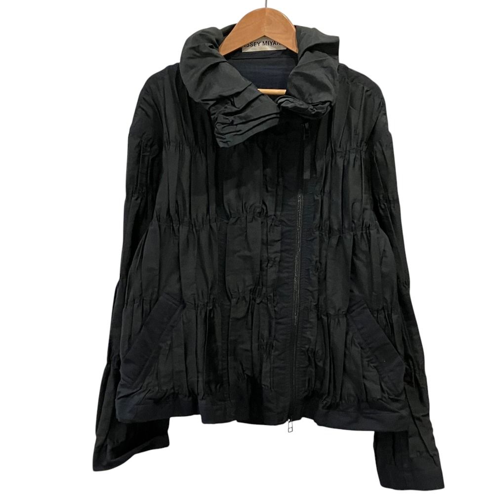 良品 ISSEY MIYAKE イッセイミヤケ ハイネック ジップジャケット IM33FD009 サイズ2 ブラック ネイビー レディース 古着 中古 USED