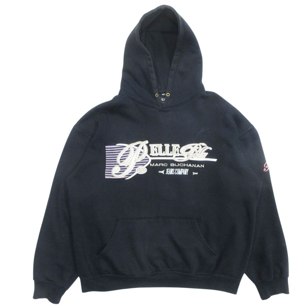 pellepelle ペレペレ プルオーバー パーカー スウェット トレーナー 長袖 フード 裏起毛 ロゴ 刺繍 ヴィンテージ XL 黒 ブラック メンズ 古着 中古 USED