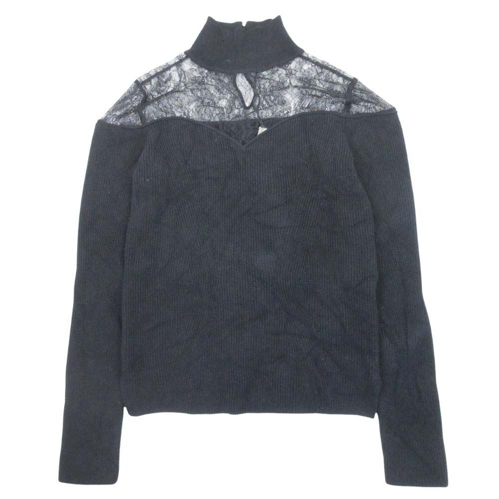 未使用 FENDI フェンディ 19aw フローラルレース リブニット ウールカシミヤ セーター トップス 長袖 ハイネック 42 黒 ブラック レディース 古着 中古 USED