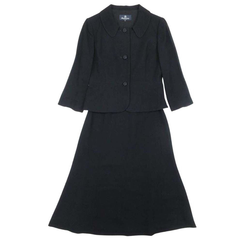 美品 Aquascutum アクアスキュータム フォーマル セットアップ 七分袖 ステンカラージャケット フレアスカート 7 黒 ブラック レディース 古着 中古 USED