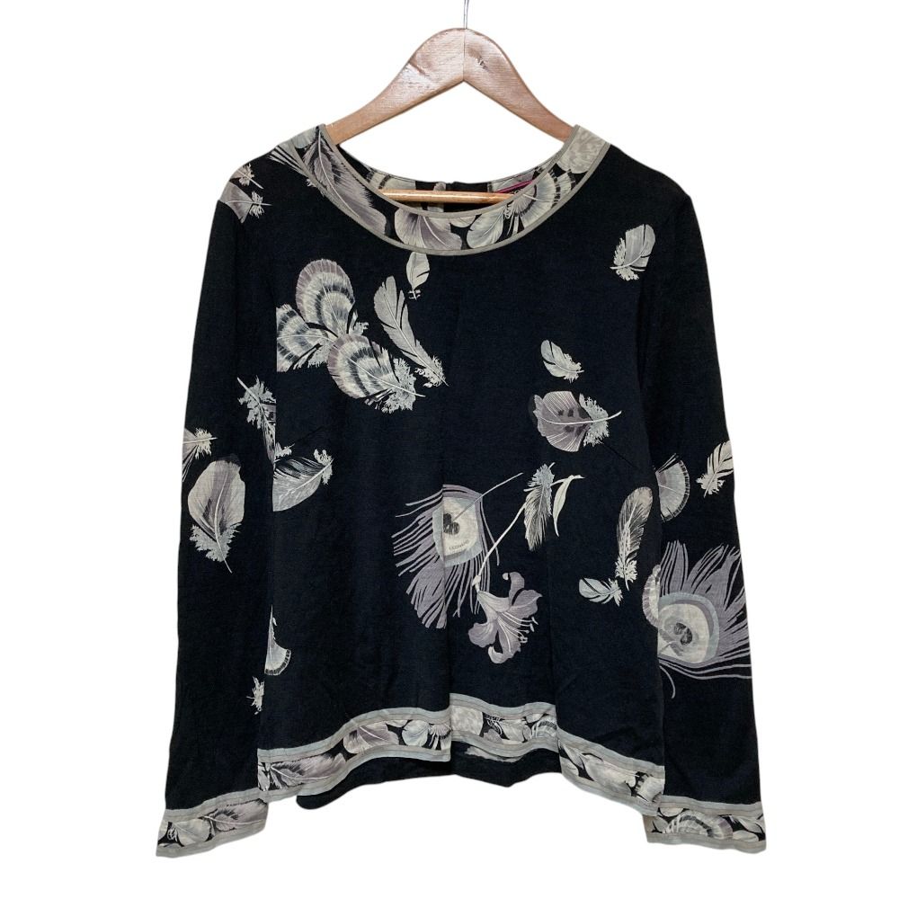 美品 LEONARD FASHION レオナールファッション フェザープリント ウールシルク カットソー 大きいサイズ42 ブラック レディース 古着 中古 USED