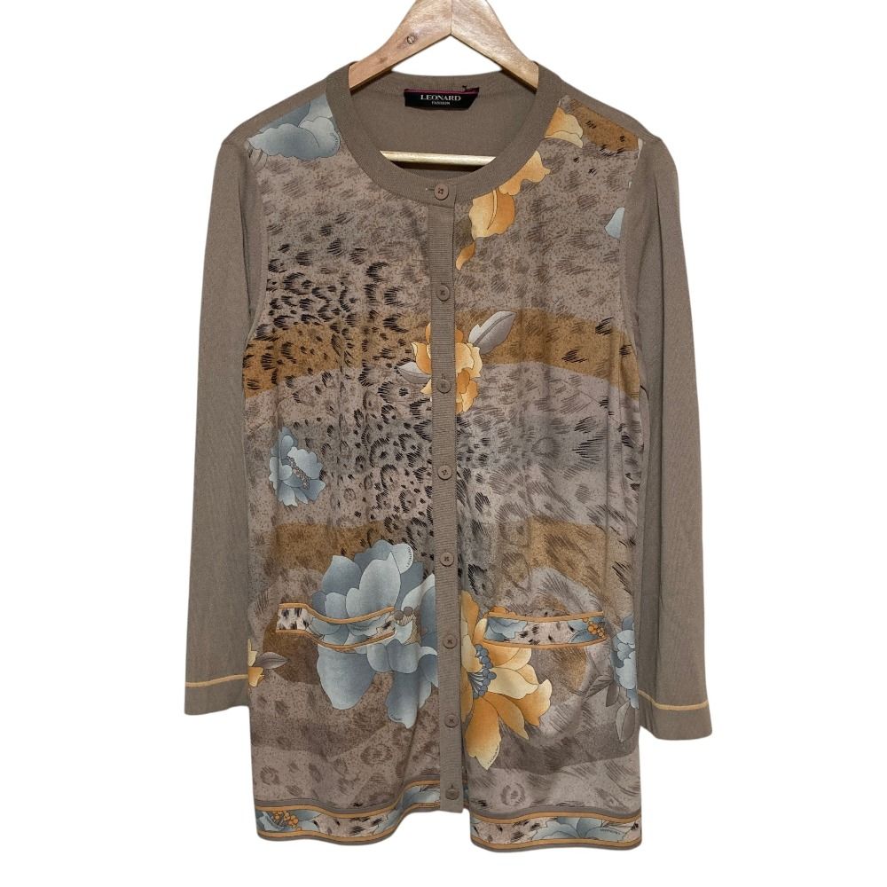 良品 LEONARD FASHION レオナールファッション カンカンストレッチ フラワープリント カーディガン 大きいサイズ42 ブラウン レディース 古着 中古 USED