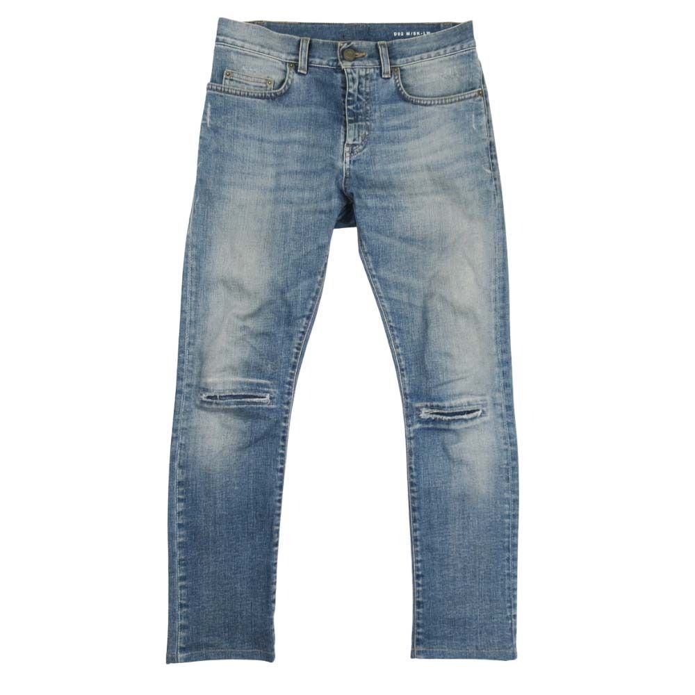 美品 SAINT LAURENT サンローラン 15ss エディ期 ニークラッシュ リペア スキニー ジーンズ パンツ D02 M/SK-LW 28 インディゴ メンズ 古着 中古 USED