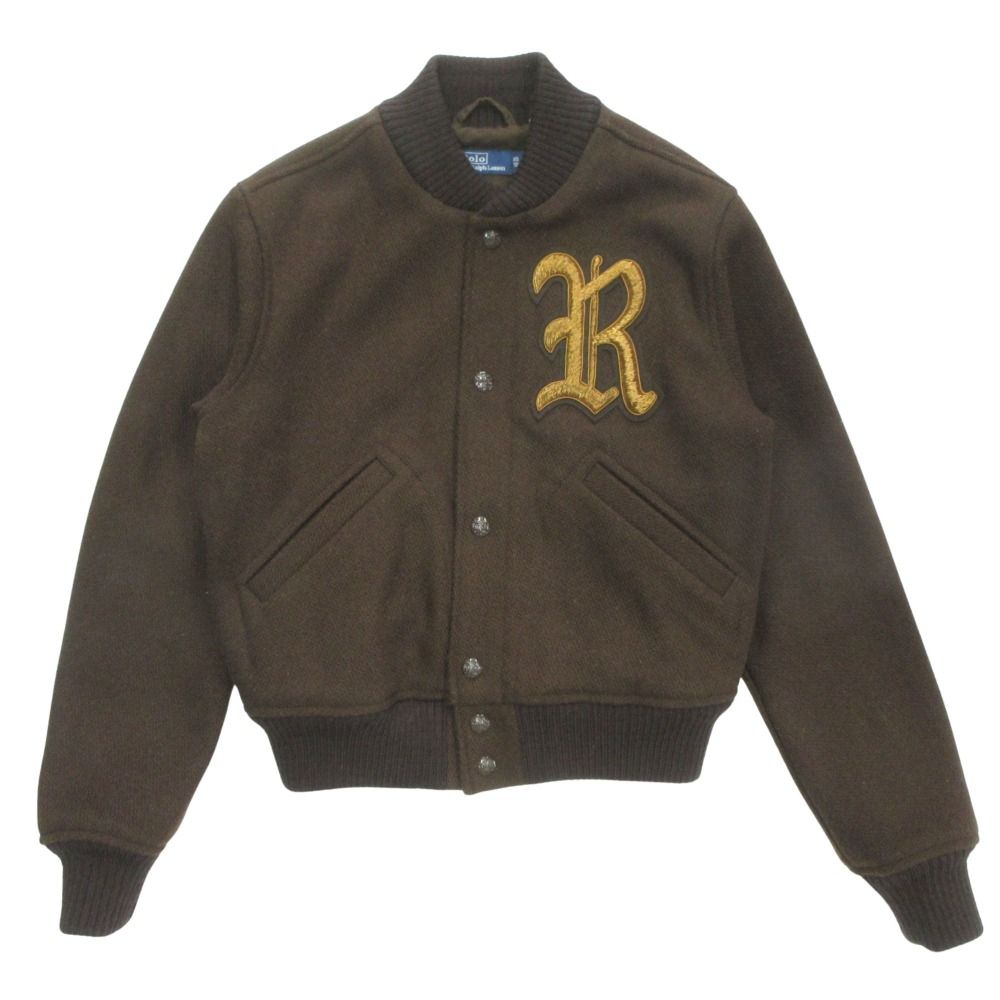 美品 POLO RALPH LAUREN ポロ・ラルフローレン ウールブレンド ツイル レターマン スタジャン ジャケット ジャンパー ロゴ 刺繍 茶 レディース 古着 中古 USED