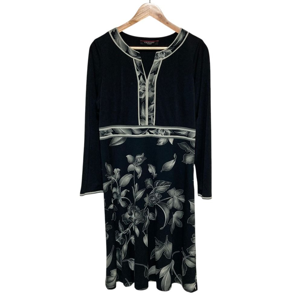 美品 LEONARD FASHION レオナールファッション カンカンストレッチ フラワープリント ワンピース 0140216 大きいサイズ42 ブラック レディース 古着 中古 USED