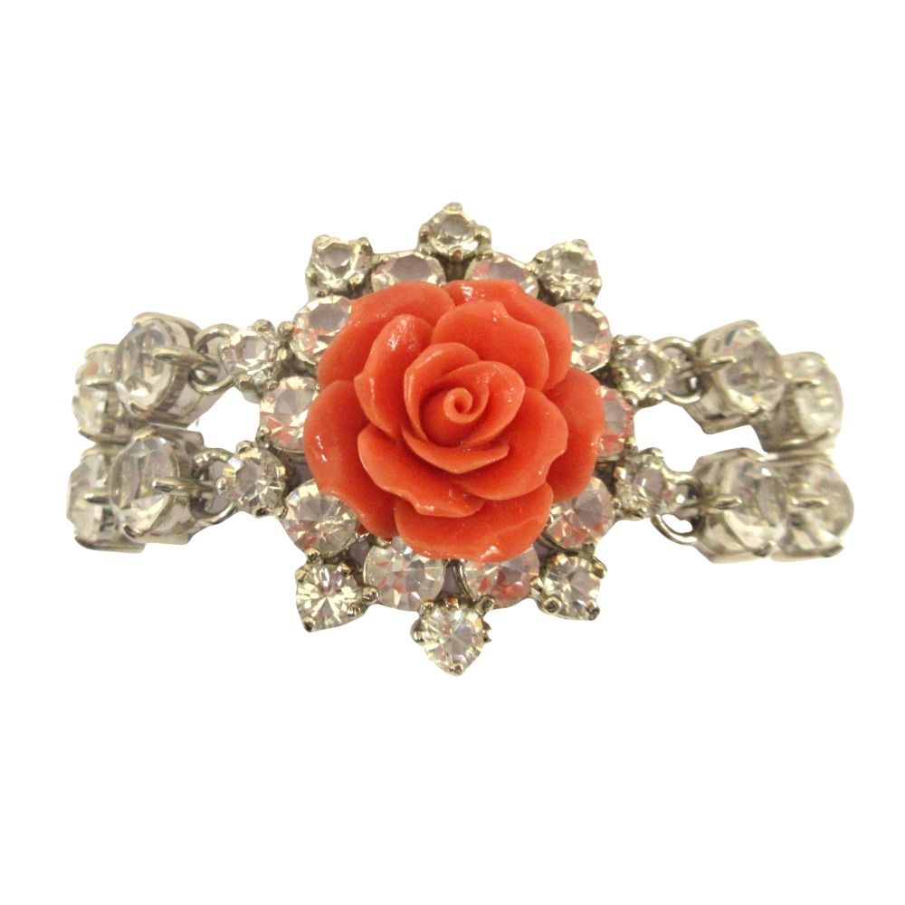 良品 PRADA プラダ ローズ ビジュー ブレスレット バングル 薔薇 ラインストーン アクセサリー ジュエリー シルバー ピンク レディース 古着 中古 USED