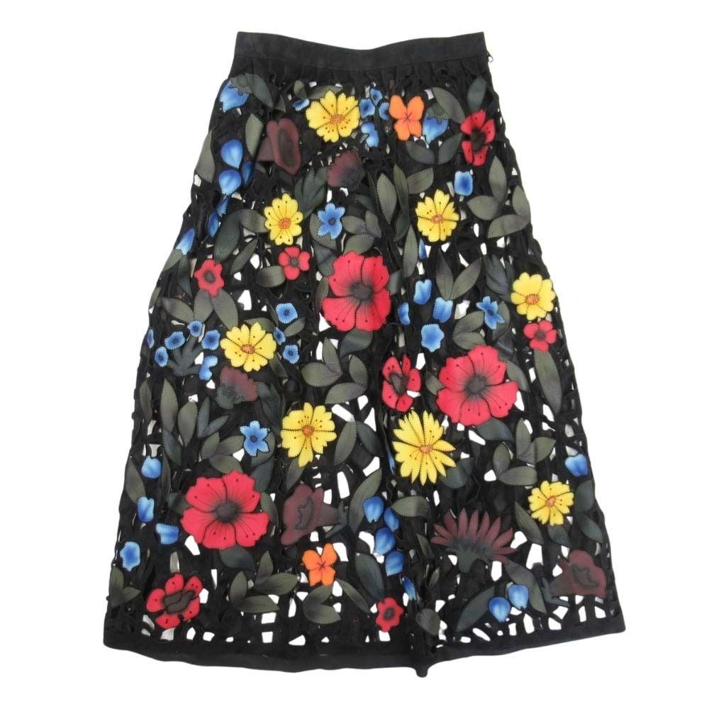 未使用 Christian Dior クリスチャンディオール 21ss カーフスエード フローラルスカート 牛革 花柄 カットワーク ミモレ丈 36 ブラック レディース 古着 中古 USED