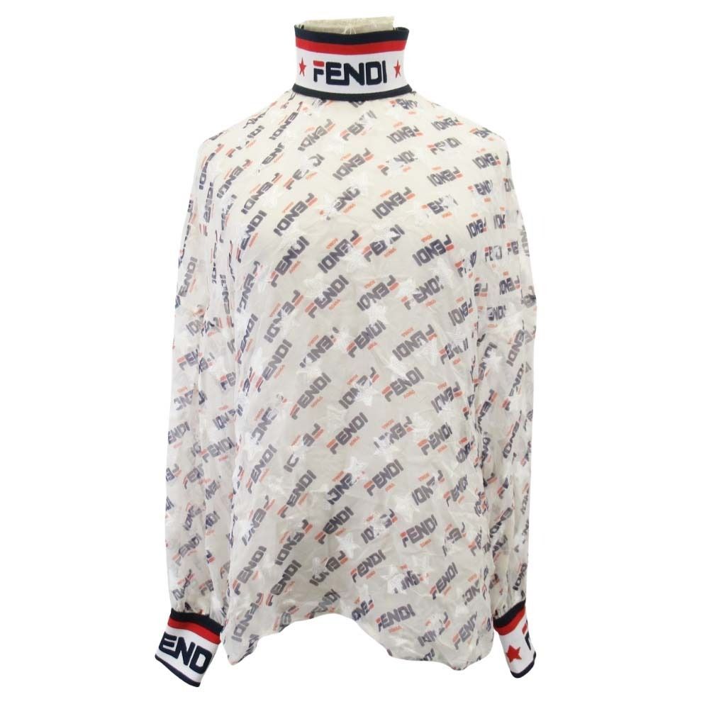 未使用 FENDI x FILA フェンディ フィラ 19ss ロゴ シルクシフォン ブラウス トップス フェンディマニア 36 ホワイト マルチカラー レディース 古着 中古 USED