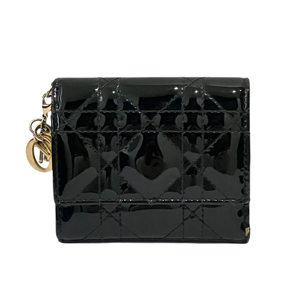 良品 Christian Dior クリスチャンディオール レディディオール パテントレザー ロータスウォレット 三つ折り財布 ブラック レディース 古着 中古 USED