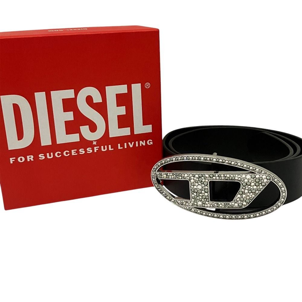 良品 DIESEL ディーゼル Bｰ１DR STRASS オーバルD ラインストーン レザー ベルト サイズ80/32 ブラック メンズ 古着 中古 USED