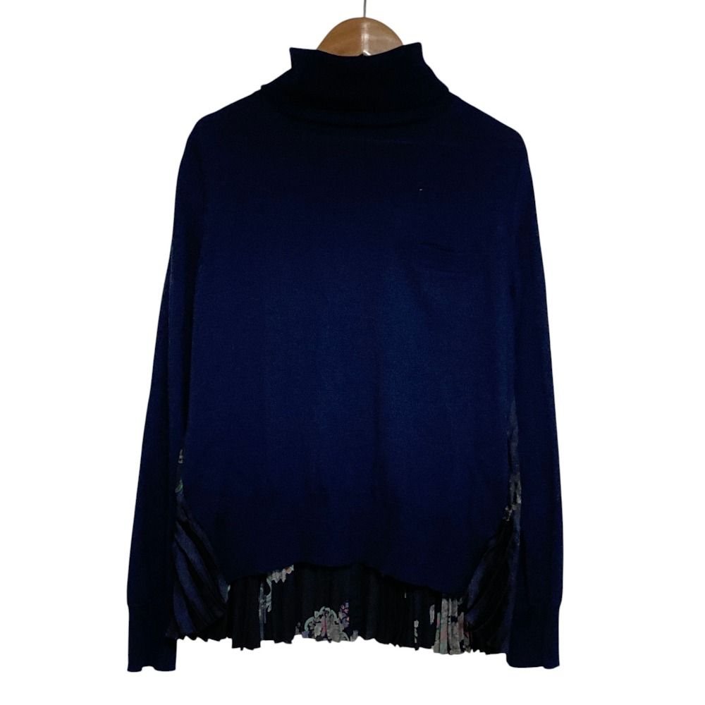 美品 sacai サカイ バックプリーツタートルネックニットセーター 19-04566 サイズ2 ネイビー レディース 古着 中古 USED