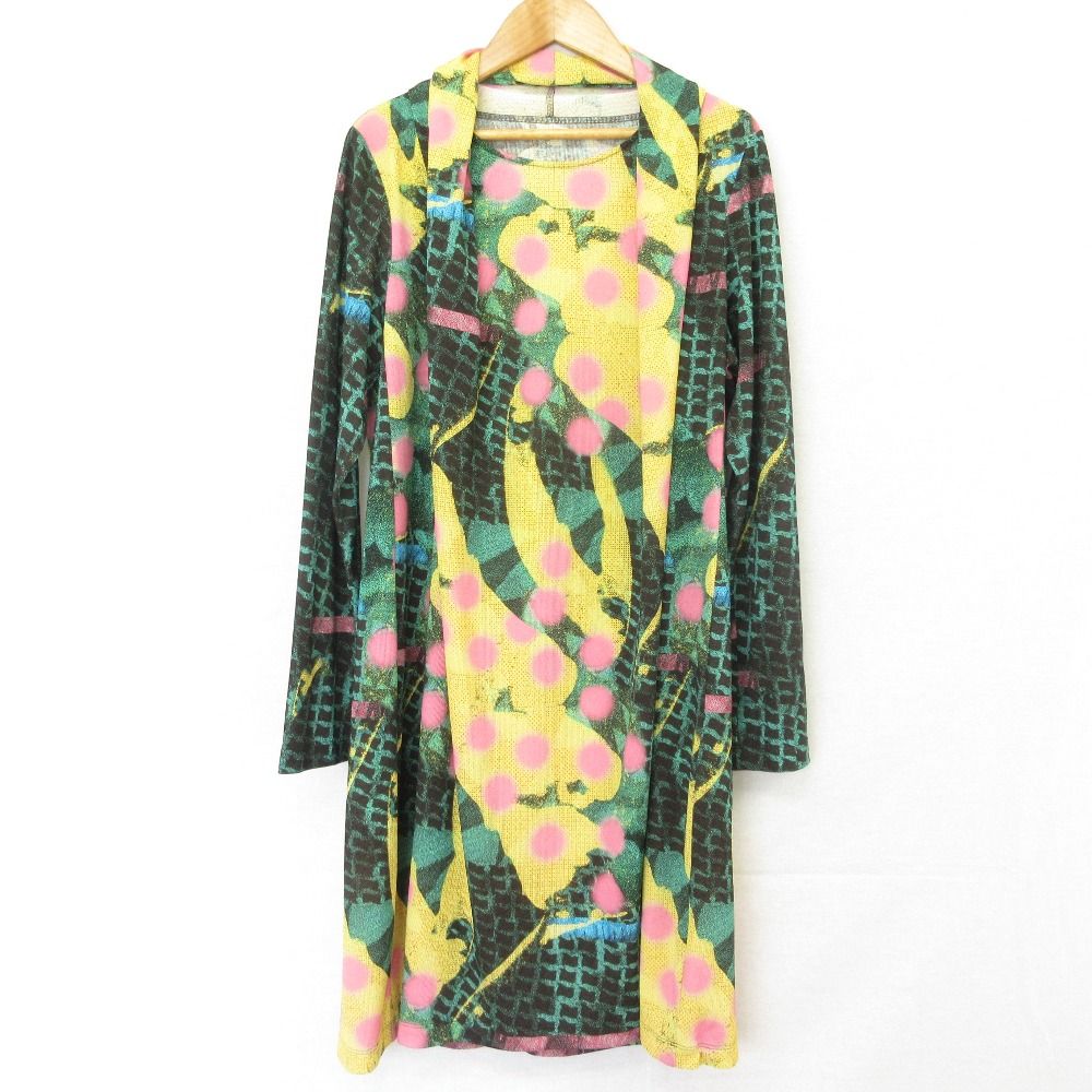 美品 HIROKO KOSHINO ヒロココシノ アートモチーフ立体タックチュニック サイズ40 グリーン マルチカラー レディース 古着 中古 USED