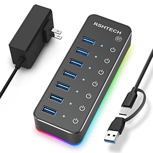 RSHTECH USBハブ 3.0 電源付き RGB 7ポート 2 in 1 ケーブル 付き USB Hub アルミ製 5Gbps高速転送 セルフパワーとバスパワー両用 5V 4A 電源 独立スイッチ付き(RSH-518R)as c048baeb