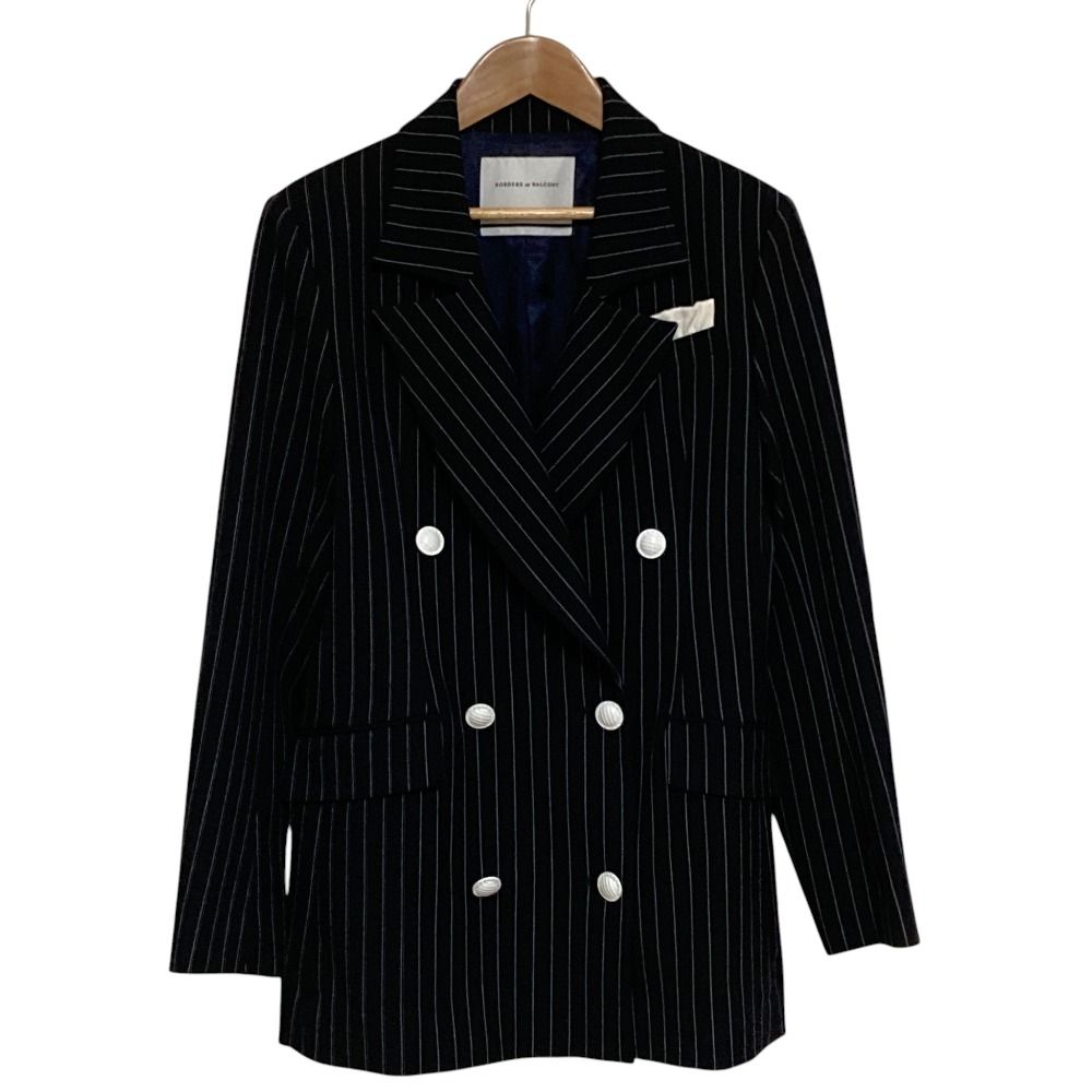新品同様 BORDERS at BALCONY ボーダーズアットバルコニー PIN STRIPE DOUBLE JACKET ダブルブレストテーラードジャケット 36 ネイビー レディース 古着 中古 USED