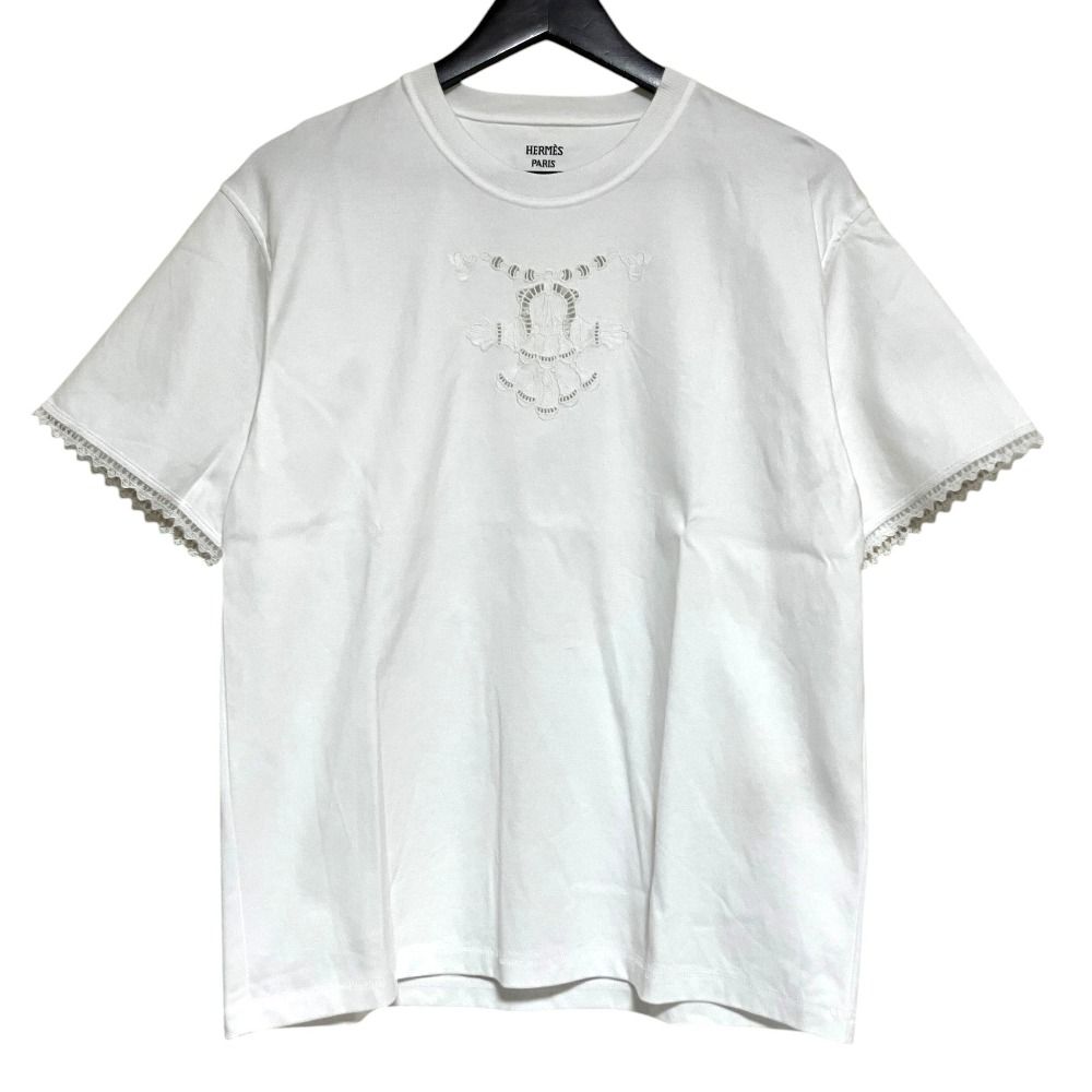 美品 25AW HERMES エルメス パルフロワ レース 半袖 Tシャツ カットソー 5H4625DC サイズ38 ホワイト レディース 古着 中古 USED