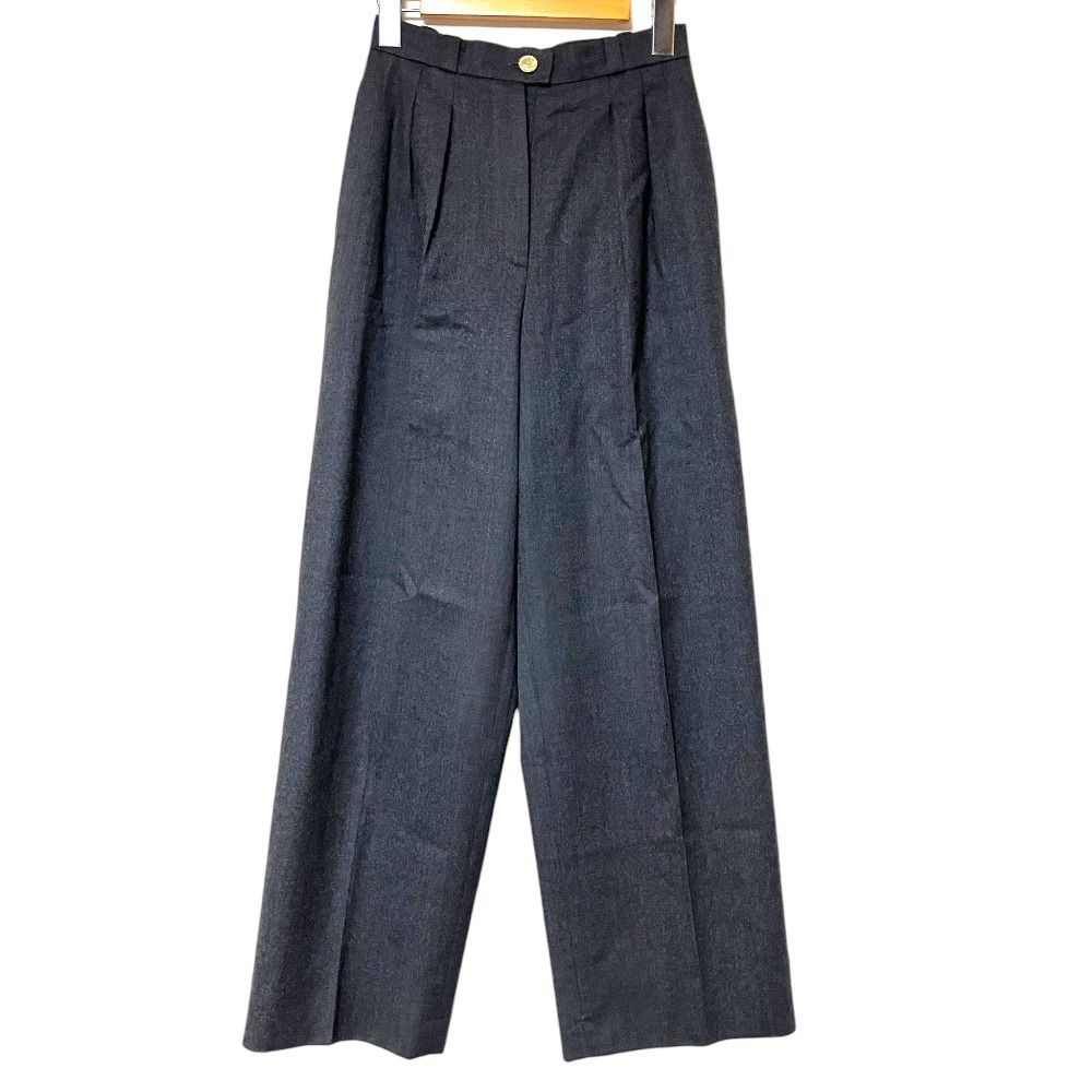 良品 CHANEL シャネル ヴィンテージ ツータック ウール ワイドスラックス パンツ サイズ34 グレー レディース 古着 中古 USED