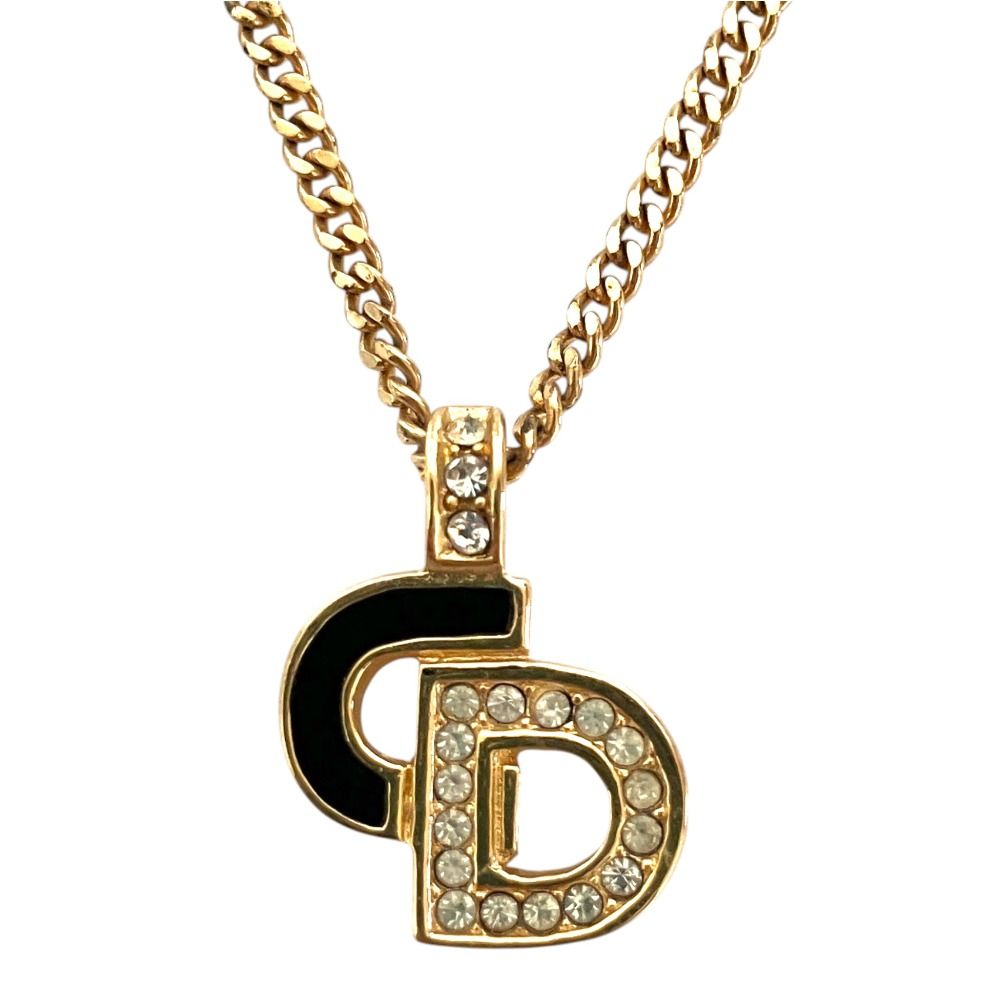 美品 Christian Dior クリスチャンディオール ヴィンテージ ロゴラインストーン ネックレス GP ゴールドカラー レディース 古着 中古 USED
