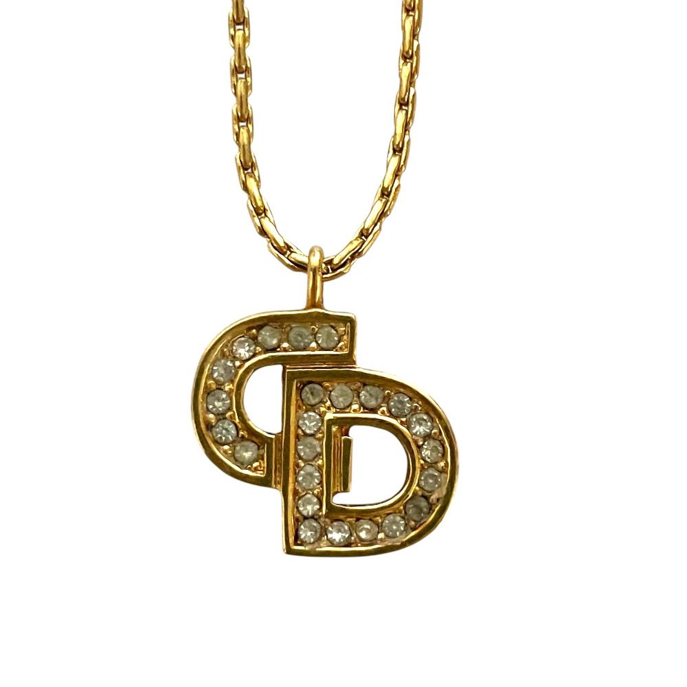 美品 Christian Dior クリスチャンディオール ヴィンテージ CDロゴ ラインストーン ネックレス GP ゴールドカラー レディース 古着 中古 USED