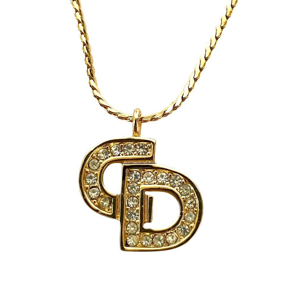 美品 Christian Dior クリスチャンディオール ヴィンテージ ロゴ ラインストーン ネックレス GP ゴールドカラー レディース 古着 中古 USED