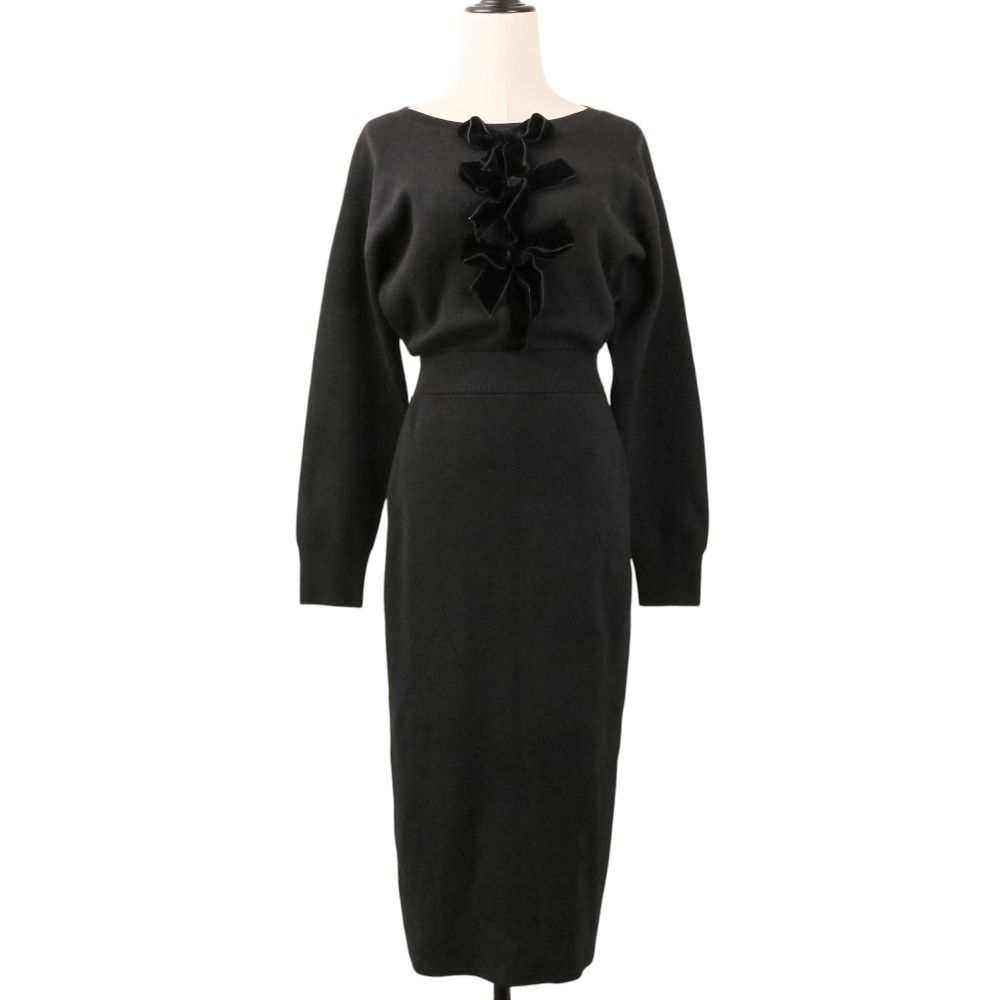 美品 24AW Herlipto ハーリップトゥ Simone Knit Long Dress 長袖 ロング ニット ワンピース 1244205169 サイズS ブラック レディース 古着 中古 USED