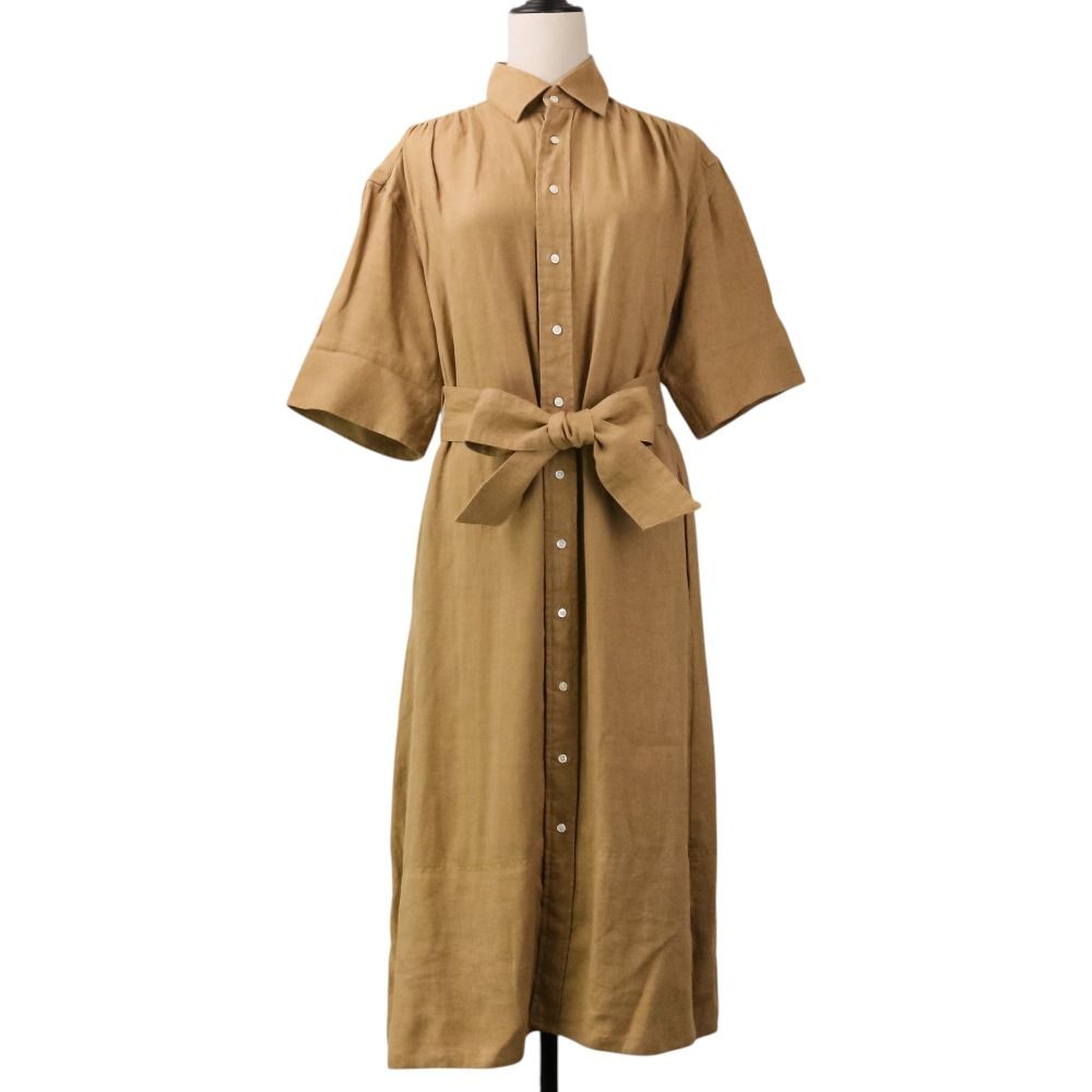 美品 Polo by Ralph Lauren ポロバイラルフローレン リネン ベルテッド 半袖 ロング シャツワンピース 4 ベージュ レディース 古着 中古 USED