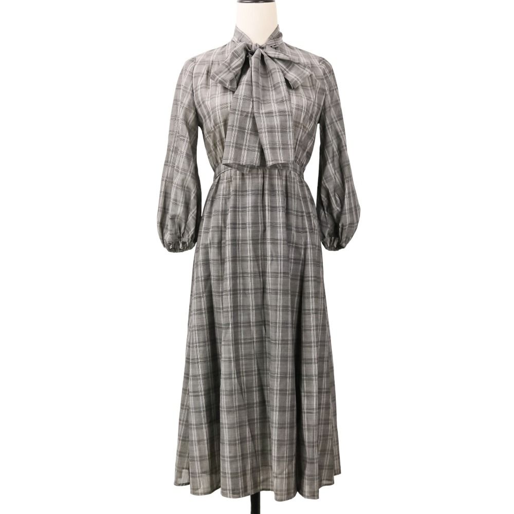 良品 23AW ANAYI アナイ チェック リボン 長袖 ロング ワンピース 34 グレー レディース 古着 中古 USED