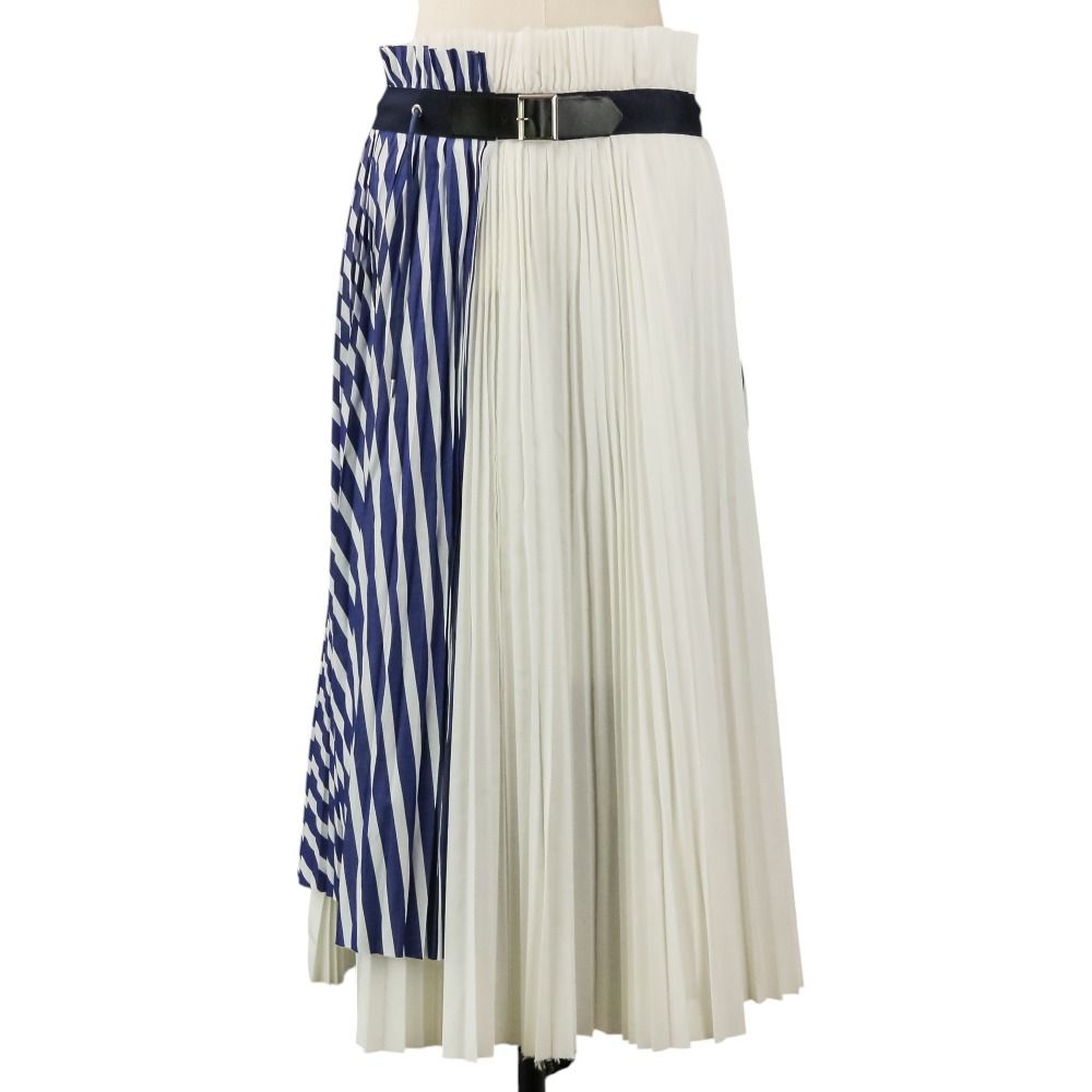 美品 sacai サカイ Stripe Shirting Skirt プリーツ加工 切替 ラップスカート 19-04302 サイズ3 ネイビー ホワイト レディース 古着 中古 USED