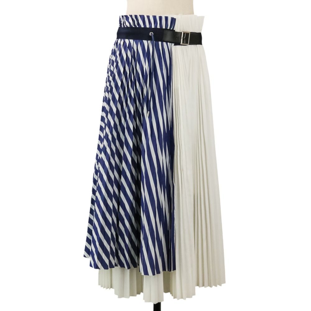 美品 sacai サカイ Stripe Shirting Skirt プリーツ加工 切替 ラップ