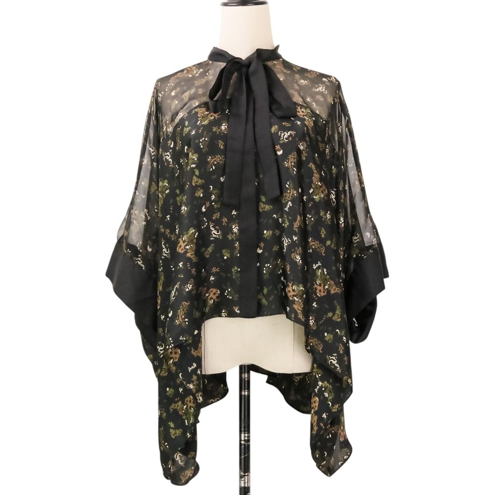美品 sacai サカイ フラワープリント ボウタイ付き シアー ワイドブラウス 21-05704 サイズ2 ブラック レディース 古着 中古 USED