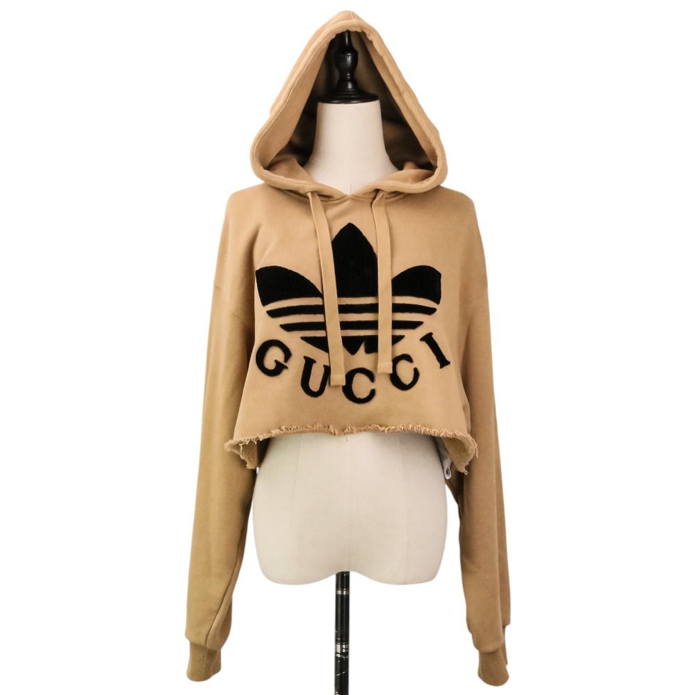 美品 GUCCI × adidas グッチ アディダス ロゴクロップドフーディ パーカー M ベージュ レディース 古着 中古 USED