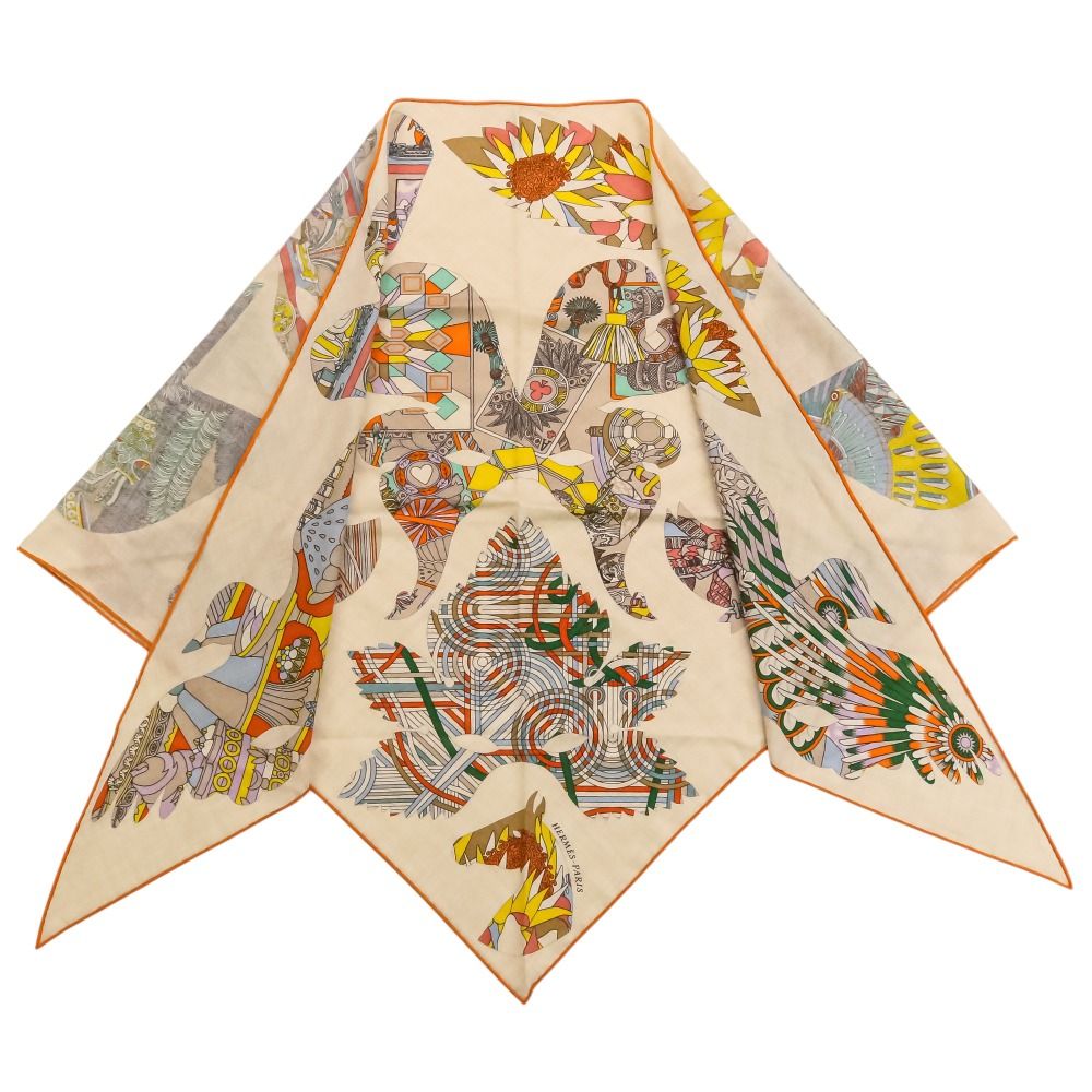 美品 Hermes エルメス Bal de soie トライアングルジェアン ストール スカーフ ベージュ マルチカラー レディース 古着 中古 USED