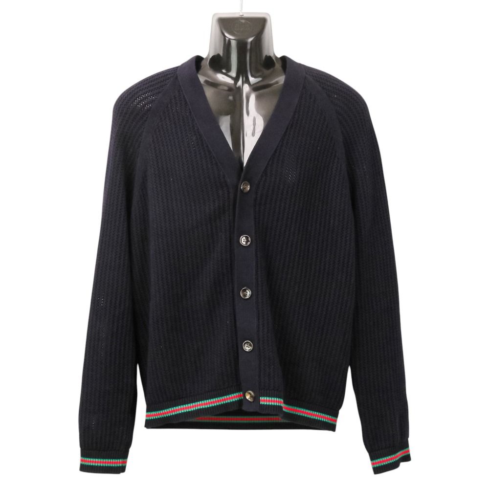 美品 GUCCI グッチ 24-25AW ウェブ ストライプ コットン ニット カーディガン 788009 サイズM ネイビー メンズ 古着 中古 USED
