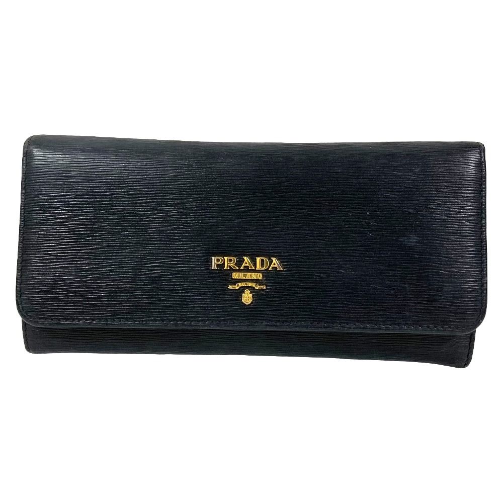 PRADA プラダ ヴィッテロ ムーブレザー フラップ ロングウォレット 長財布 1M1132 ブラック メンズ レディース 古着 中古 USED